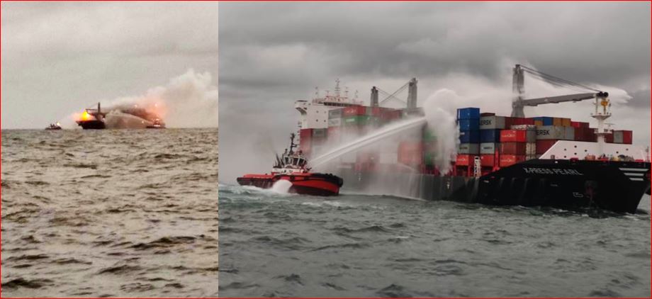 Sri Lanka Navy assists dousing of fire onboard container ship in anchorage off Colombo harbour. Flames being visible time to time