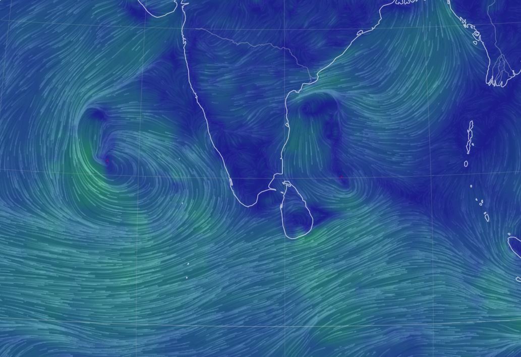A low-level atmospheric disturbance develops to the south of Sri Lanka