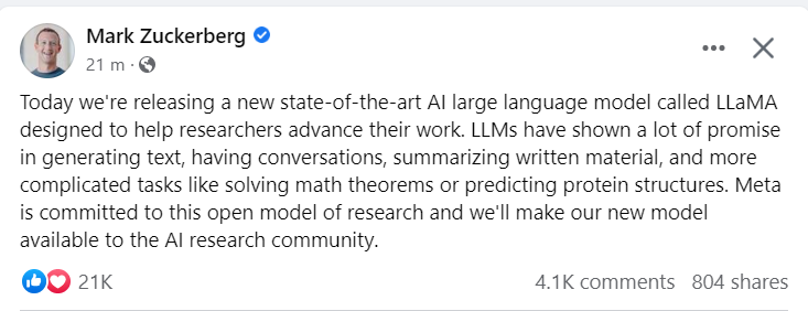 Facebook releases AI large language model LLaMA