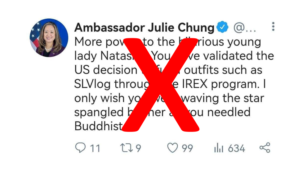 Fake tweet circulating as a Twitter message from U.S. Ambassador Julie Chung