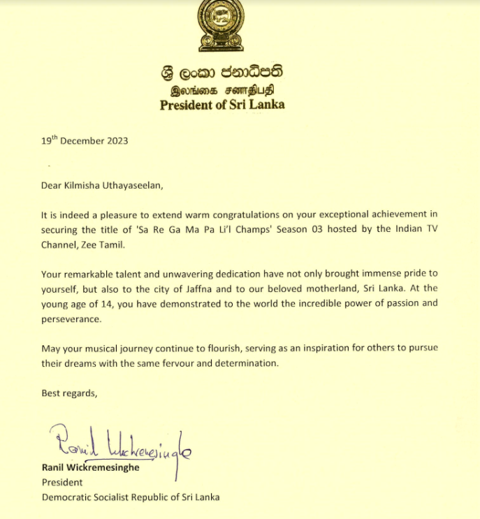 President extends congratulations to Sri Lankan Kilmisha Yaazhisai on victory in Indian singing competition